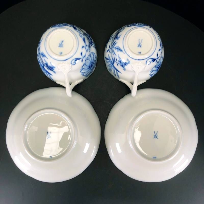 【美品】MEISSEN マイセン／ブルーオニオン ペア カップ＆ソーサー／陶器／ホワイト・ブルー