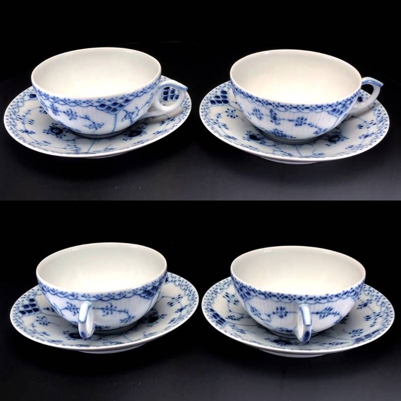 【美品】Royal Copenhagen ロイヤルコペンハーゲン／ブルーフルーテッド ハーフレース ペア カップ＆ソーサー／陶器／ホワイト・ブルー