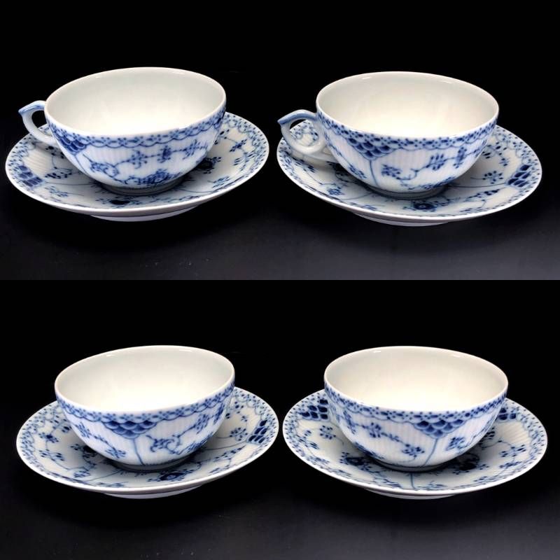 【美品】Royal Copenhagen ロイヤルコペンハーゲン／ブルーフルーテッド ハーフレース ペア カップ＆ソーサー／陶器／ホワイト・ブルー