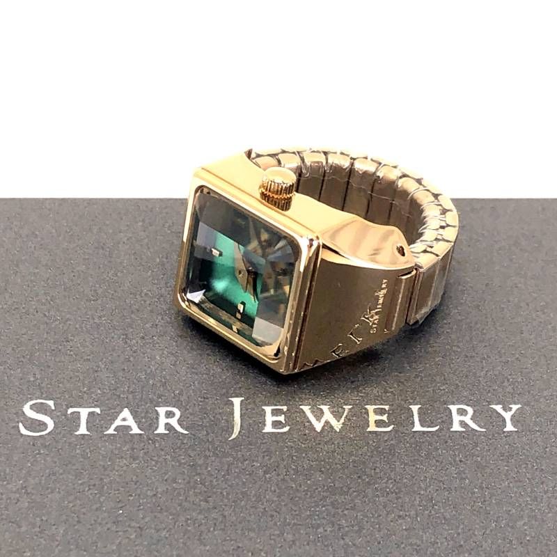 【美品・数量限定】STAR JEWELRY スタージュエリー／TIME FOR PEACE リングウォッチ／12号／自動巻／ステンレス・YGコーティング／グリーン・ゴールド