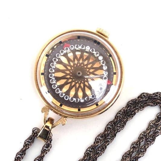 【希少・美品・稼働品】Ernest Borel アーネストボレル／万華鏡 カクテルウォッチ ネックレスウォッチ／金張り・裏スケルトン／手巻き／GP／ゴールド・ブラック