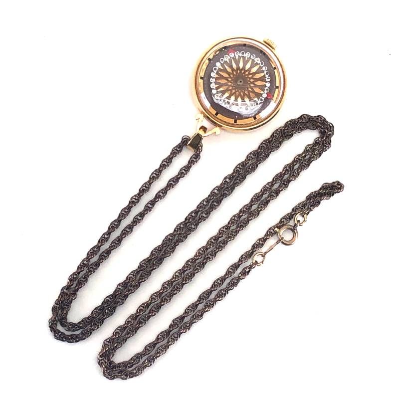 【希少・美品・稼働品】Ernest Borel アーネストボレル／万華鏡 カクテルウォッチ ネックレスウォッチ／金張り・裏スケルトン／手巻き／GP／ゴールド・ブラック