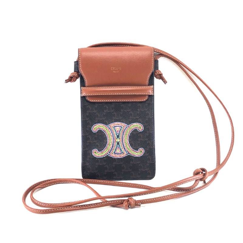 【美品】CELINE セリーヌ／マカダム トリンオフ モバイルポーチ 10G332EGN／レザー／ブラウン・マルチカラー