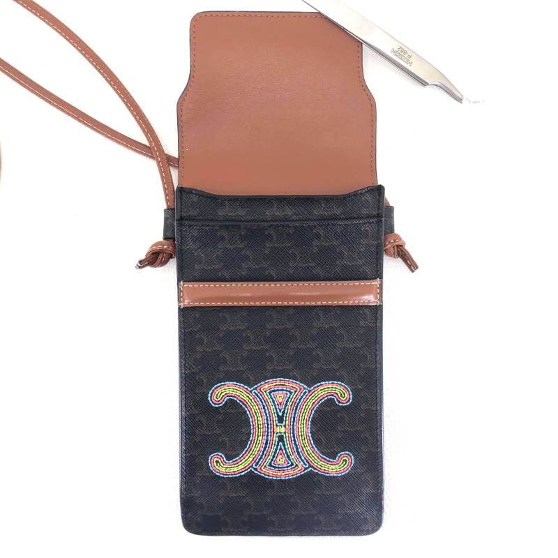 【美品】CELINE セリーヌ／マカダム トリンオフ モバイルポーチ 10G332EGN／レザー／ブラウン・マルチカラー