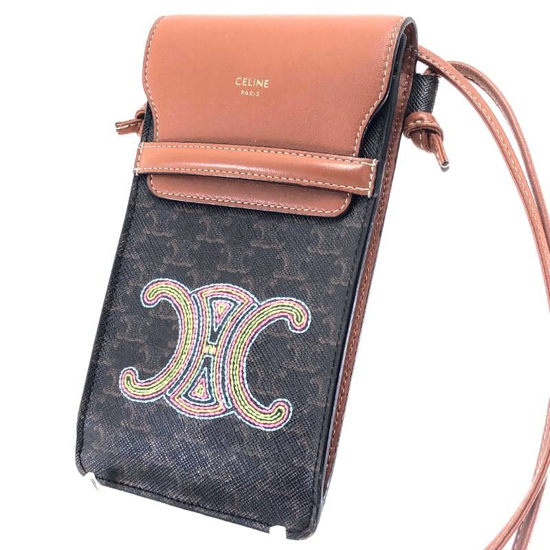 【美品】CELINE セリーヌ／マカダム トリンオフ モバイルポーチ 10G332EGN／レザー／ブラウン・マルチカラー