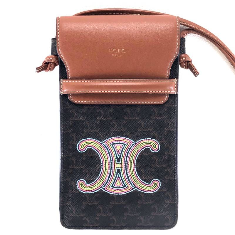 【美品】CELINE セリーヌ／マカダム トリンオフ モバイルポーチ 10G332EGN／レザー／ブラウン・マルチカラー