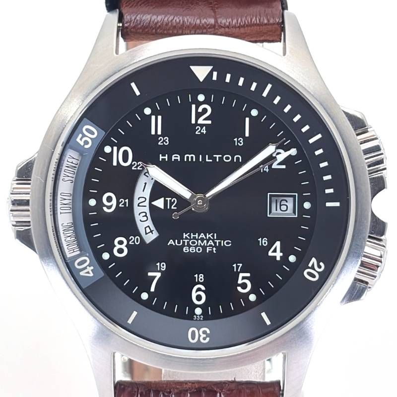 【美品・箱・取説付】Hamilton ハミルトン／カーキ ネイビー GMT  H776151／自動巻き／ステンレス・レザー／シルバー・ブラック・ブラウン