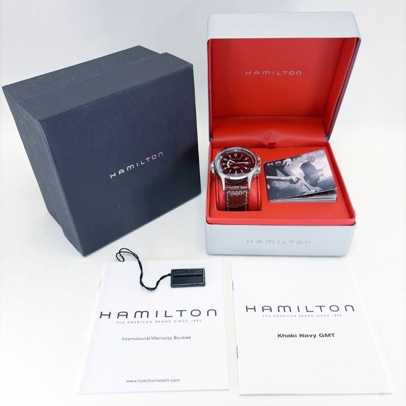 【美品・箱・取説付】Hamilton ハミルトン／カーキ ネイビー GMT  H776151／自動巻き／ステンレス・レザー／シルバー・ブラック・ブラウン