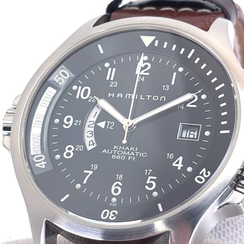 【美品・箱・取説付】Hamilton ハミルトン／カーキ ネイビー GMT  H776151／自動巻き／ステンレス・レザー／シルバー・ブラック・ブラウン