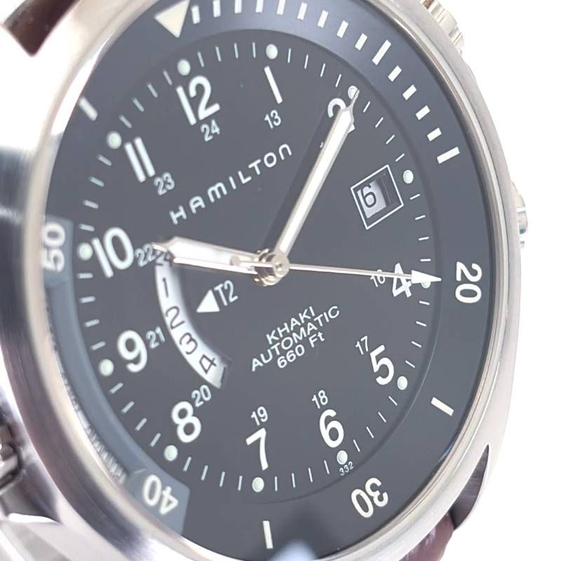 【美品・箱・取説付】Hamilton ハミルトン／カーキ ネイビー GMT  H776151／自動巻き／ステンレス・レザー／シルバー・ブラック・ブラウン