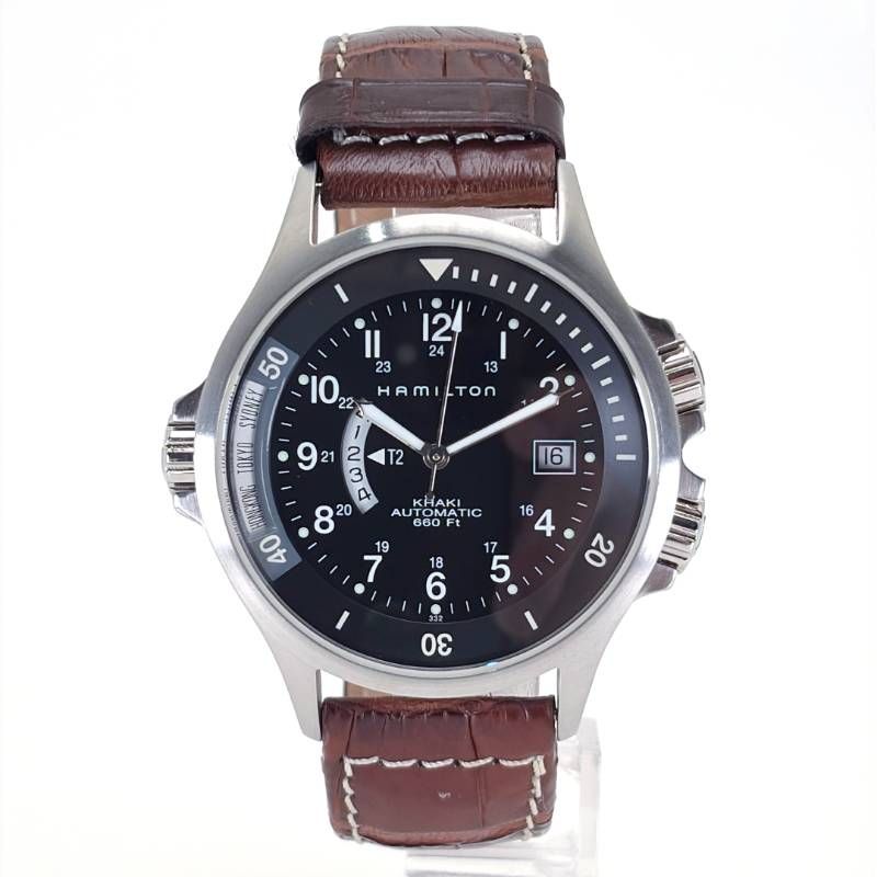 【美品・箱・取説付】Hamilton ハミルトン／カーキ ネイビー GMT  H776151／自動巻き／ステンレス・レザー／シルバー・ブラック・ブラウン
