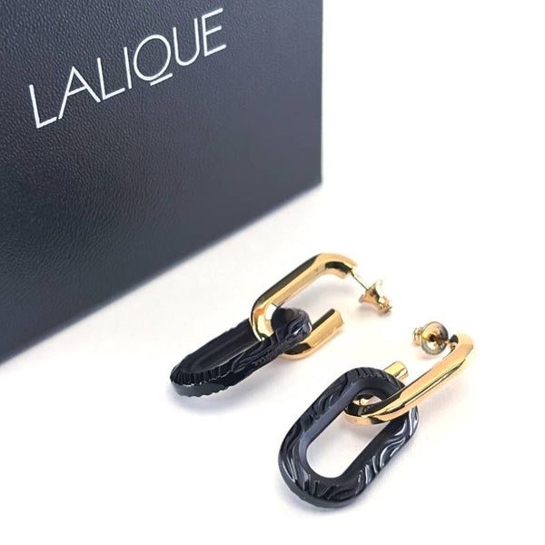 【美品・箱・保管袋付き】Lalique ラリック／ブークル ドレイユ アンプラント アニマル ピアス／Sサイズ／18金イエローゴールドメッキ・SV925・樹脂／ゴールド・ブラック