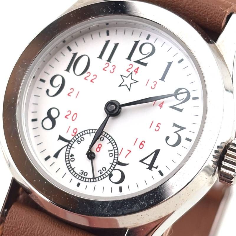 【美品・電池交換済】旧日本軍／陸軍 レプリカ ミリタリー／クォーツ／ステンレス・レザー／シルバー・ホワイト・ブラウン
