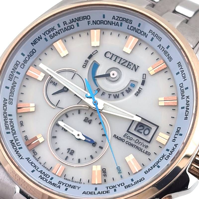 【美品・ケース・コマ・取説・工具付き】CITIZEN シチズン／アテッサ エコドライブ ダブルダイレクトフライト H820-T021701／ソーラークォーツ／ステンレス・GP・ステンレス／シルバー・ゴールド・ベージュ