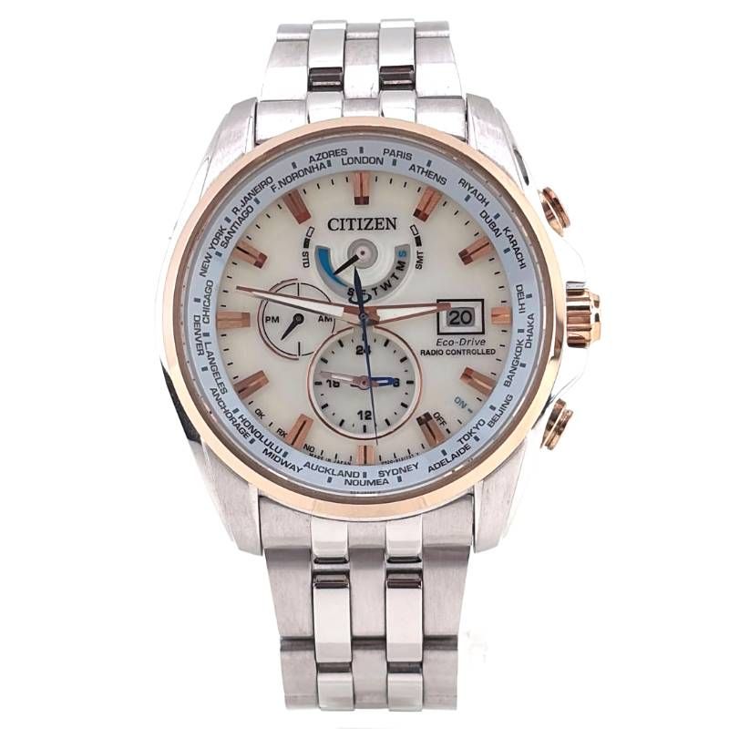 【美品・ケース・コマ・取説・工具付き】CITIZEN シチズン／アテッサ エコドライブ ダブルダイレクトフライト H820-T021701／ソーラークォーツ／ステンレス・GP・ステンレス／シルバー・ゴールド・ベージュ