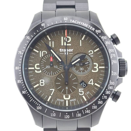 【美品・ケース・ギャラ・取説付き】traser トレーサー／P67 Officer Pro Chrono オフィサー プロ クロノ ミリタリー 109181／クォーツ／ステンレス／ブラック・ダークグリーン