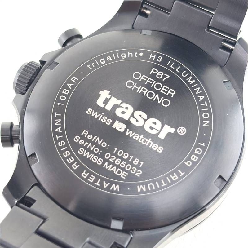 【美品・ケース・ギャラ・取説付き】traser トレーサー／P67 Officer Pro Chrono オフィサー プロ クロノ ミリタリー 109181／クォーツ／ステンレス／ブラック・ダークグリーン