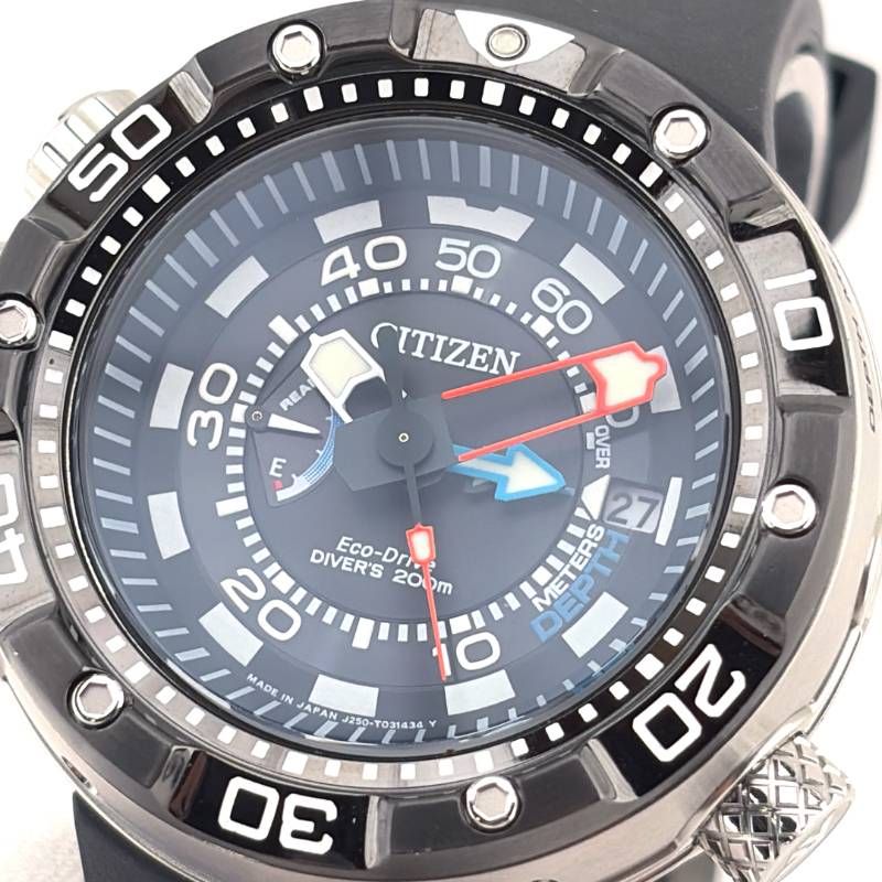 【美品】CITIZEN シチズン／エコドライブ プロマスターアクアランド J250-S092183／ソーラークォーツ／ステンレス・ラバー／シルバー・ブラック