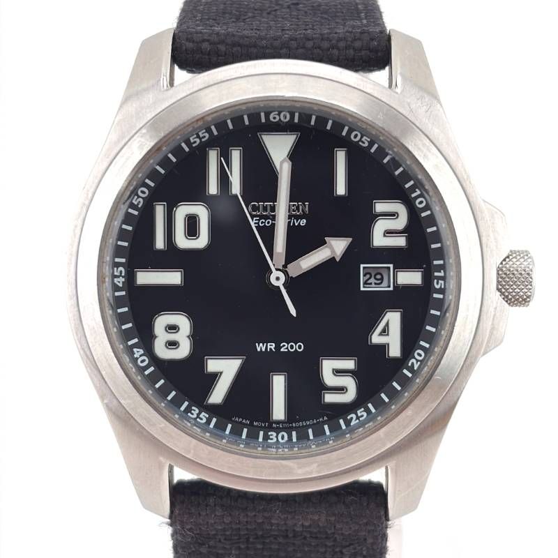 【希少】CITIZEN シチズン／エコドライブ ミリタリー BM6400-18E／ソーラークォーツ／ステンレス・キャンバス／シルバー・ブラック