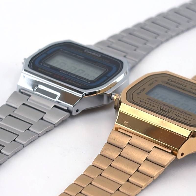 【美品】CASIO カシオ／チープカシオ 2点セット 3298 A168（ゴールド）・593 A164W（シルバー）／クォーツ／ステンレス／ゴールド・シルバー・ブラック