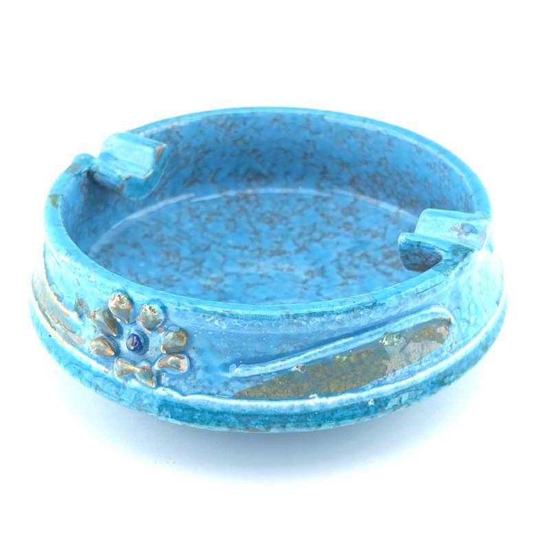 【美品】イタリア製／アッシュトレイ 灰皿／陶器／ブルー