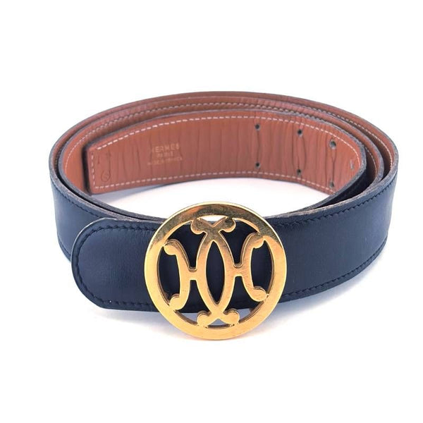 HERMES エルメス／ダブルH サークルバックル レザー ベルト／GP・レザー／ゴールド・ブラック