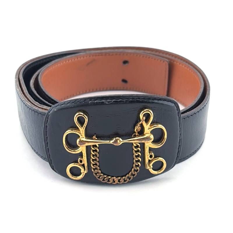 【希少・ヴィンテージ】HERMES エルメス／ホースビット 馬具 レザー ベルト／GP・レザー／ゴールド・ブラック