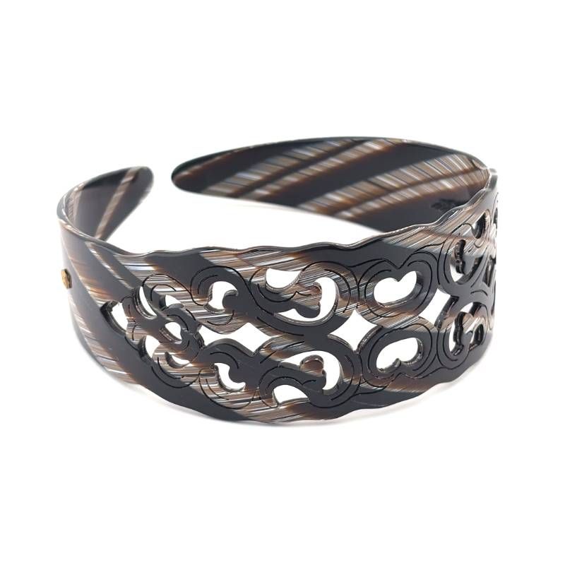 【美品】ALEXANDRE DE PARIS アレクサンドルドゥパリ／アラベスクデザイン ワイド カチューシャ／アセテート／ブラック・ブラウン