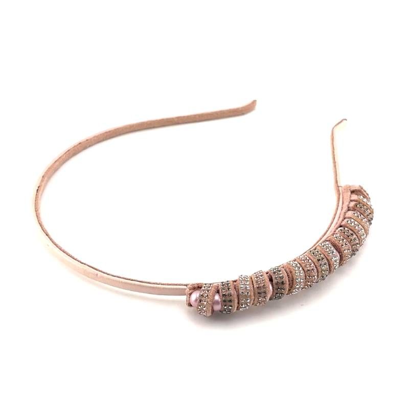 【美品】ALEXANDRE ZOUARI アレクサンドルズアリ／ツイスト スエード パール カラーストーン カチューシャ／アセテート・レザー・カラーストーン／ピンク