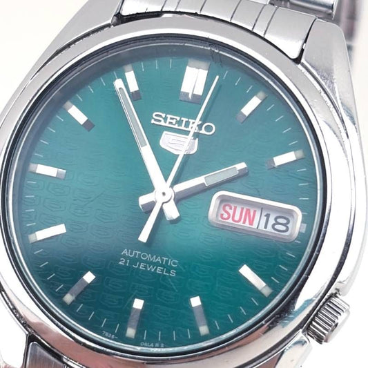 【希少】SEIKO セイコー／セイコー5 緑・5盾ロゴ総柄文字盤 7S26-01V0／自動巻き／ステンレス／シルバー・グリーン