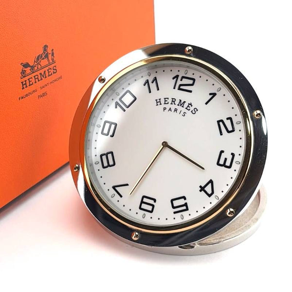 【美品・箱・保管袋・リボン付き】HERMES エルメス／クリッパー  トラベルクロック 置き時計 PE-CL 1706／クォーツ／ステンレス・GP／シルバー・ゴールド・ホワイト