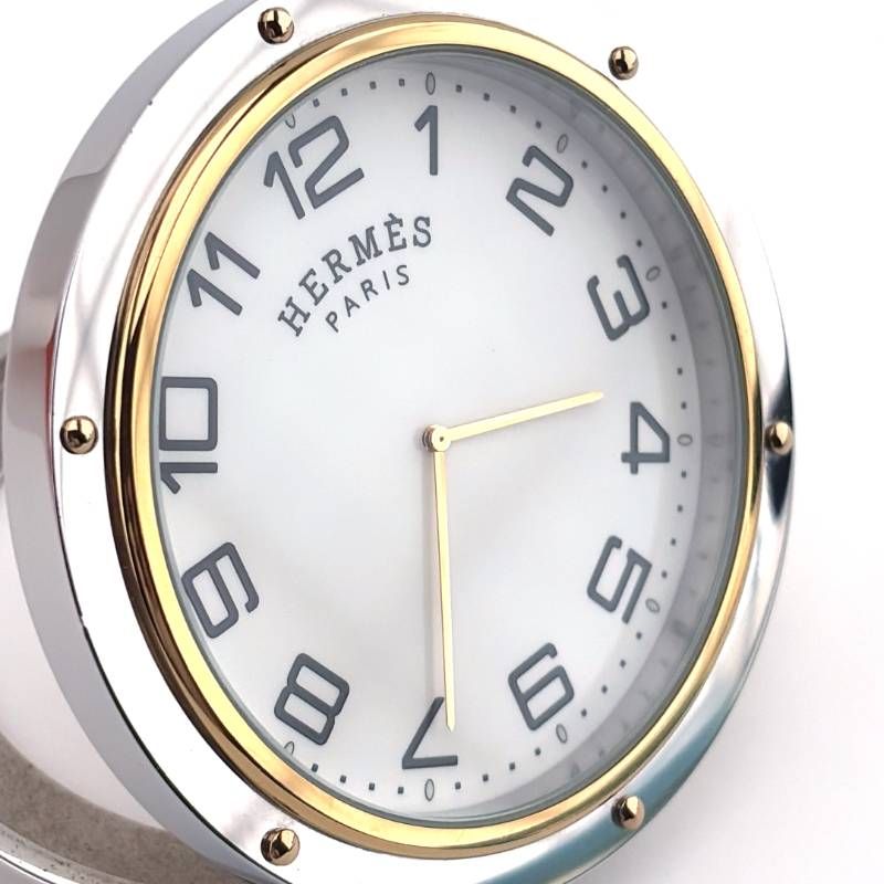 【美品・箱・保管袋・リボン付き】HERMES エルメス／クリッパー  トラベルクロック 置き時計 PE-CL 1706／クォーツ／ステンレス・GP／シルバー・ゴールド・ホワイト