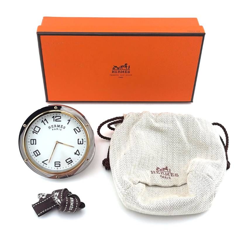 【美品・箱・保管袋・リボン付き】HERMES エルメス／クリッパー  トラベルクロック 置き時計 PE-CL 1706／クォーツ／ステンレス・GP／シルバー・ゴールド・ホワイト