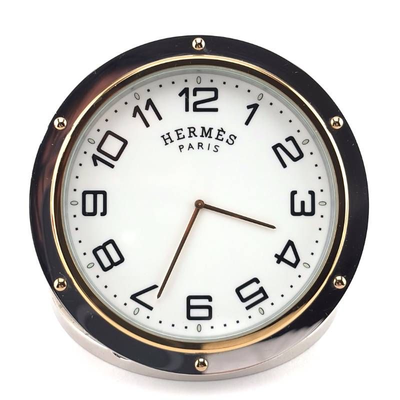【美品・箱・保管袋・リボン付き】HERMES エルメス／クリッパー  トラベルクロック 置き時計 PE-CL 1706／クォーツ／ステンレス・GP／シルバー・ゴールド・ホワイト