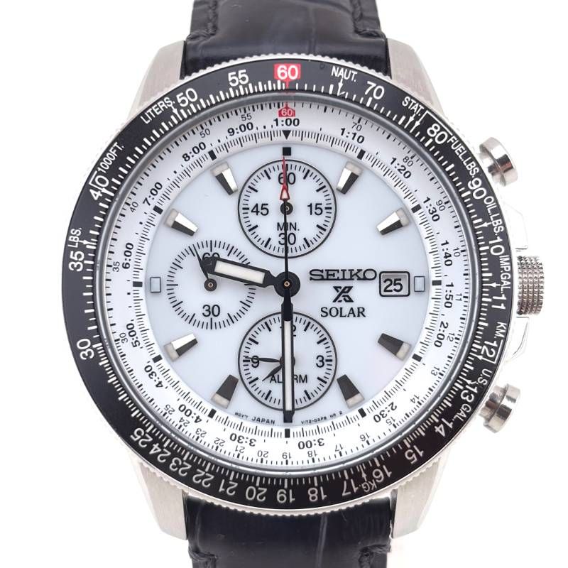 【美品】SEIKO セイコー／プロスペックス スカイプロフェッショナル クロノグラフ SSC013P1 V172-0AC0／ソーラークォーツ／ステンレス・レザー／シルバー・ブラック・ホワイト
