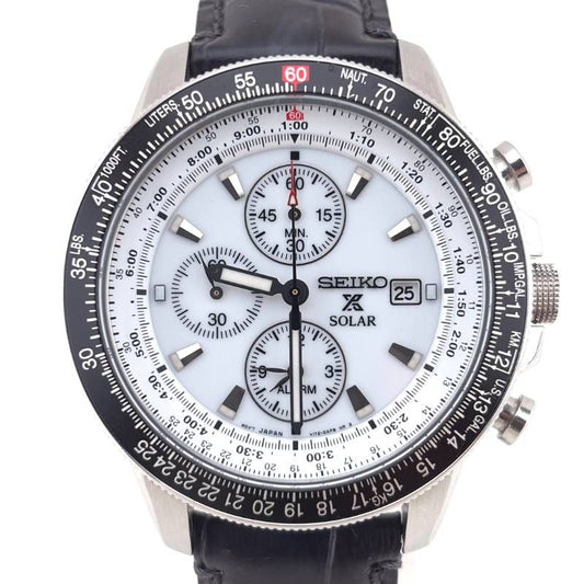 【美品】SEIKO セイコー／プロスペックス スカイプロフェッショナル クロノグラフ SSC013P1 V172-0AC0／ソーラークォーツ／ステンレス・レザー／シルバー・ブラック・ホワイト
