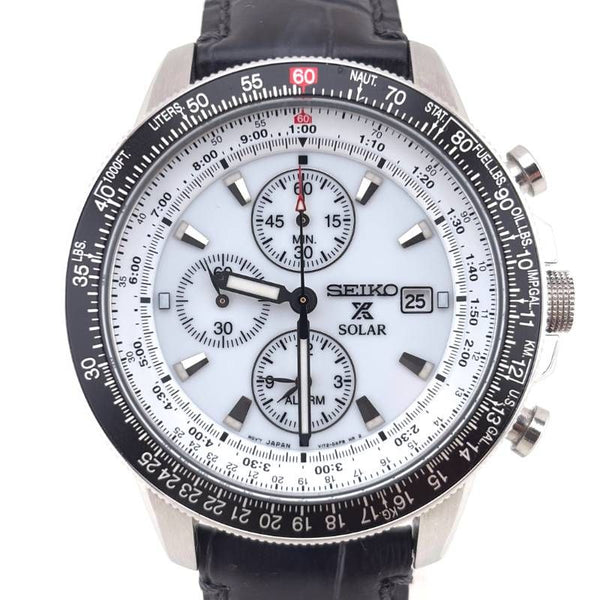 【美品】SEIKO セイコー／プロスペックス スカイプロフェッショナル クロノグラフ SSC013P1 V172-0AC0／ソーラークォーツ／ステンレス・レザー／シルバー・ブラック・ホワイト