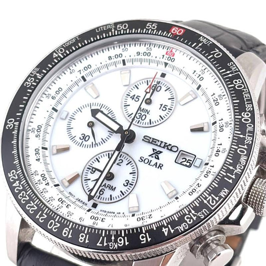 【美品】SEIKO セイコー／プロスペックス スカイプロフェッショナル クロノグラフ SSC013P1 V172-0AC0／ソーラークォーツ／ステンレス・レザー／シルバー・ブラック・ホワイト