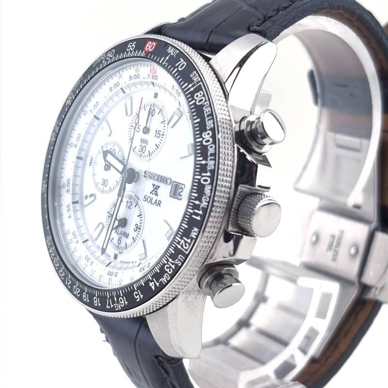 【美品】SEIKO セイコー／プロスペックス スカイプロフェッショナル クロノグラフ SSC013P1 V172-0AC0／ソーラークォーツ／ステンレス・レザー／シルバー・ブラック・ホワイト