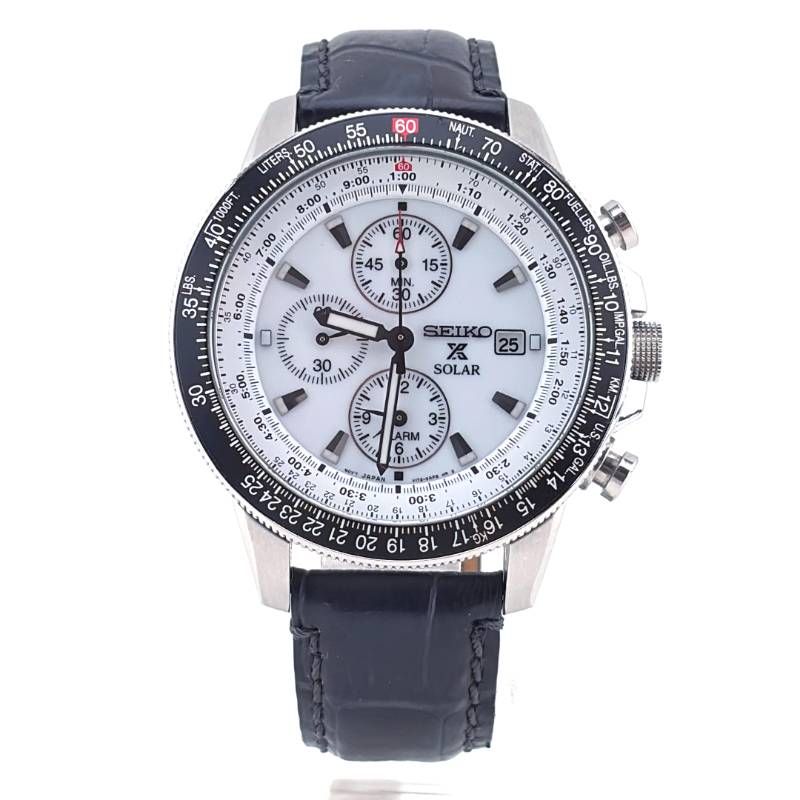 【美品】SEIKO セイコー／プロスペックス スカイプロフェッショナル クロノグラフ SSC013P1 V172-0AC0／ソーラークォーツ／ステンレス・レザー／シルバー・ブラック・ホワイト
