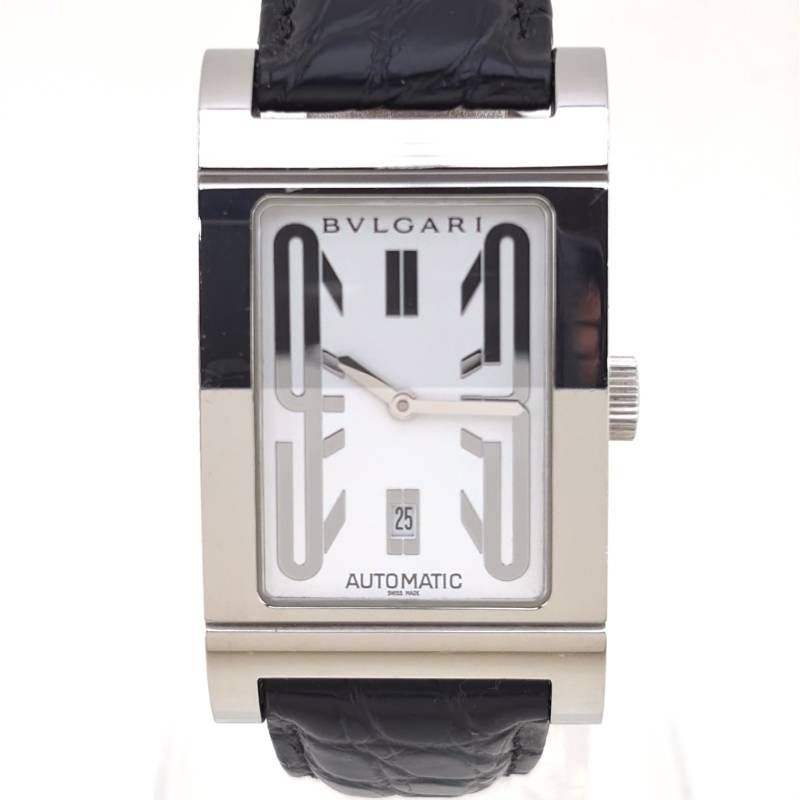 【美品】BVLGARI ブルガリ／レッタンゴロ RT45S／自動巻き／ステンレス・レザー／シルバー・ホワイト・ブラック