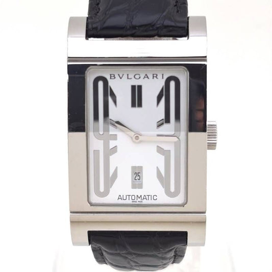 【美品】BVLGARI ブルガリ／レッタンゴロ RT45S／自動巻き／ステンレス・レザー／シルバー・ホワイト・ブラック