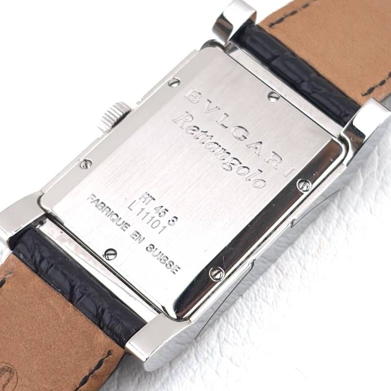 【美品】BVLGARI ブルガリ／レッタンゴロ RT45S／自動巻き／ステンレス・レザー／シルバー・ホワイト・ブラック