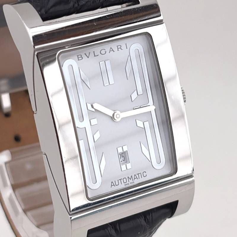 【美品】BVLGARI ブルガリ／レッタンゴロ RT45S／自動巻き／ステンレス・レザー／シルバー・ホワイト・ブラック