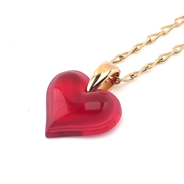 【美品】LALIQUE ラリック／ハートモチーフ ネックレス／クリスタルグラス・GP／レッド・ゴールド