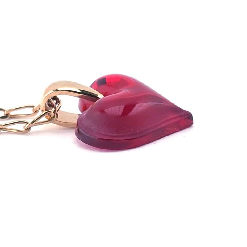 【美品】LALIQUE ラリック／ハートモチーフ ネックレス／クリスタルグラス・GP／レッド・ゴールド