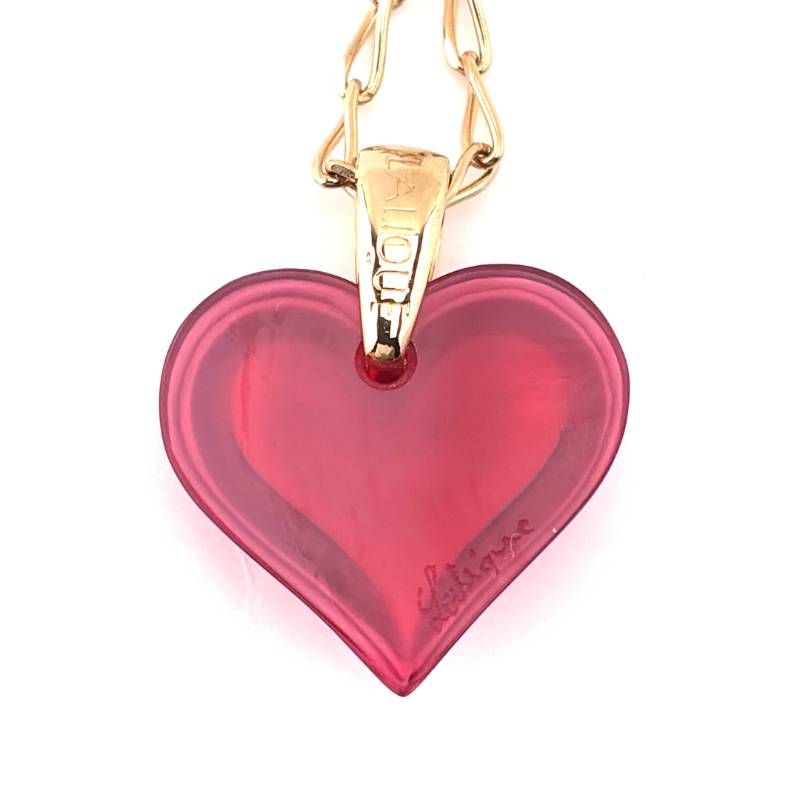 【美品】LALIQUE ラリック／ハートモチーフ ネックレス／クリスタルグラス・GP／レッド・ゴールド