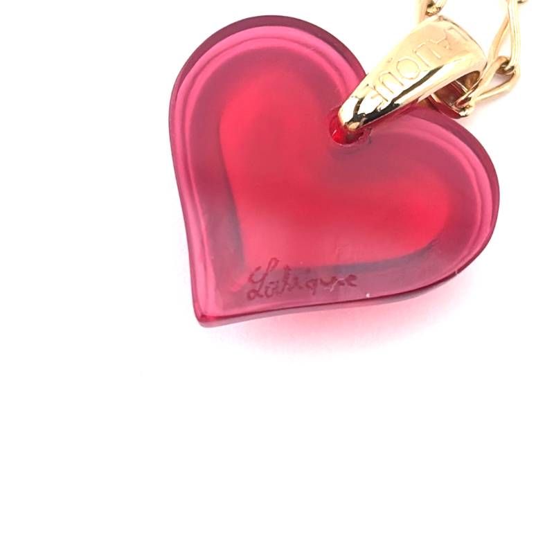 【美品】LALIQUE ラリック／ハートモチーフ ネックレス／クリスタルグラス・GP／レッド・ゴールド
