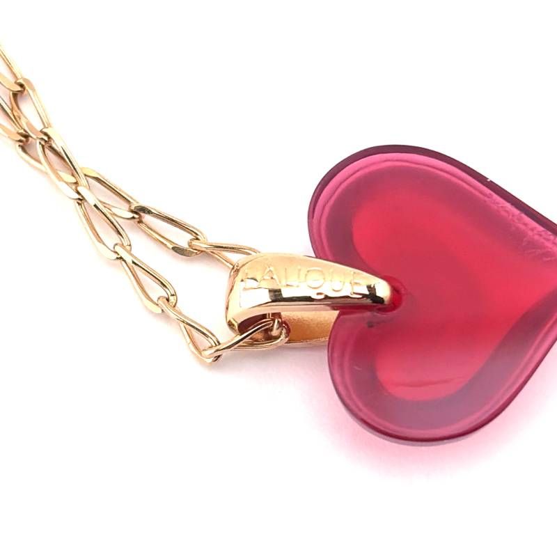 【美品】LALIQUE ラリック／ハートモチーフ ネックレス／クリスタルグラス・GP／レッド・ゴールド