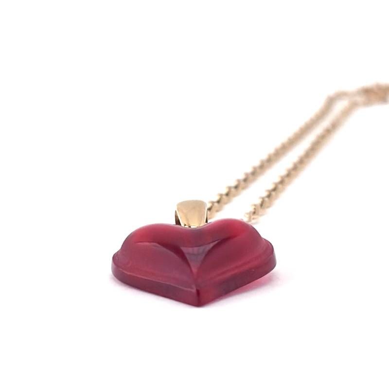 【美品】LALIQUE ラリック／ハートモチーフ ネックレス／クリスタルグラス・GP／レッド・ゴールド